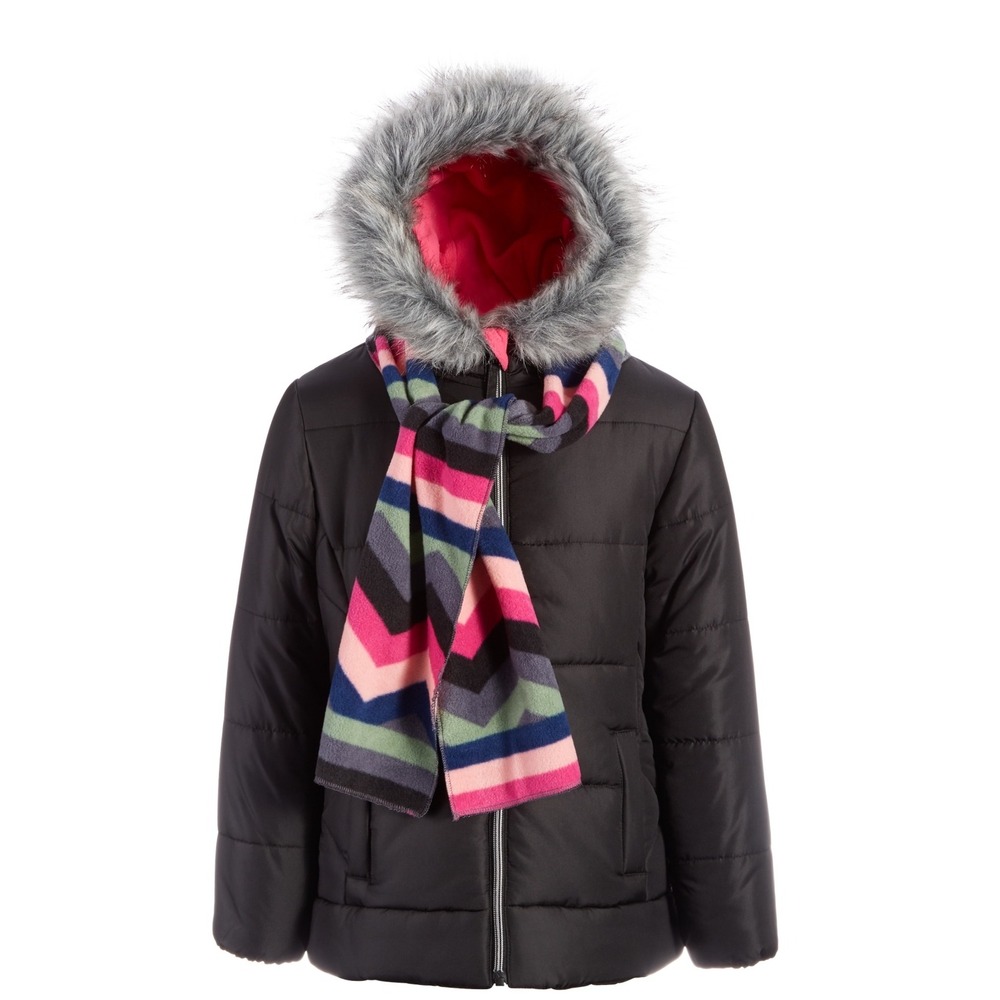 S Rothschild & Co Big Girls Solid Quilted Puffer Jacket and Scarf Set - Black